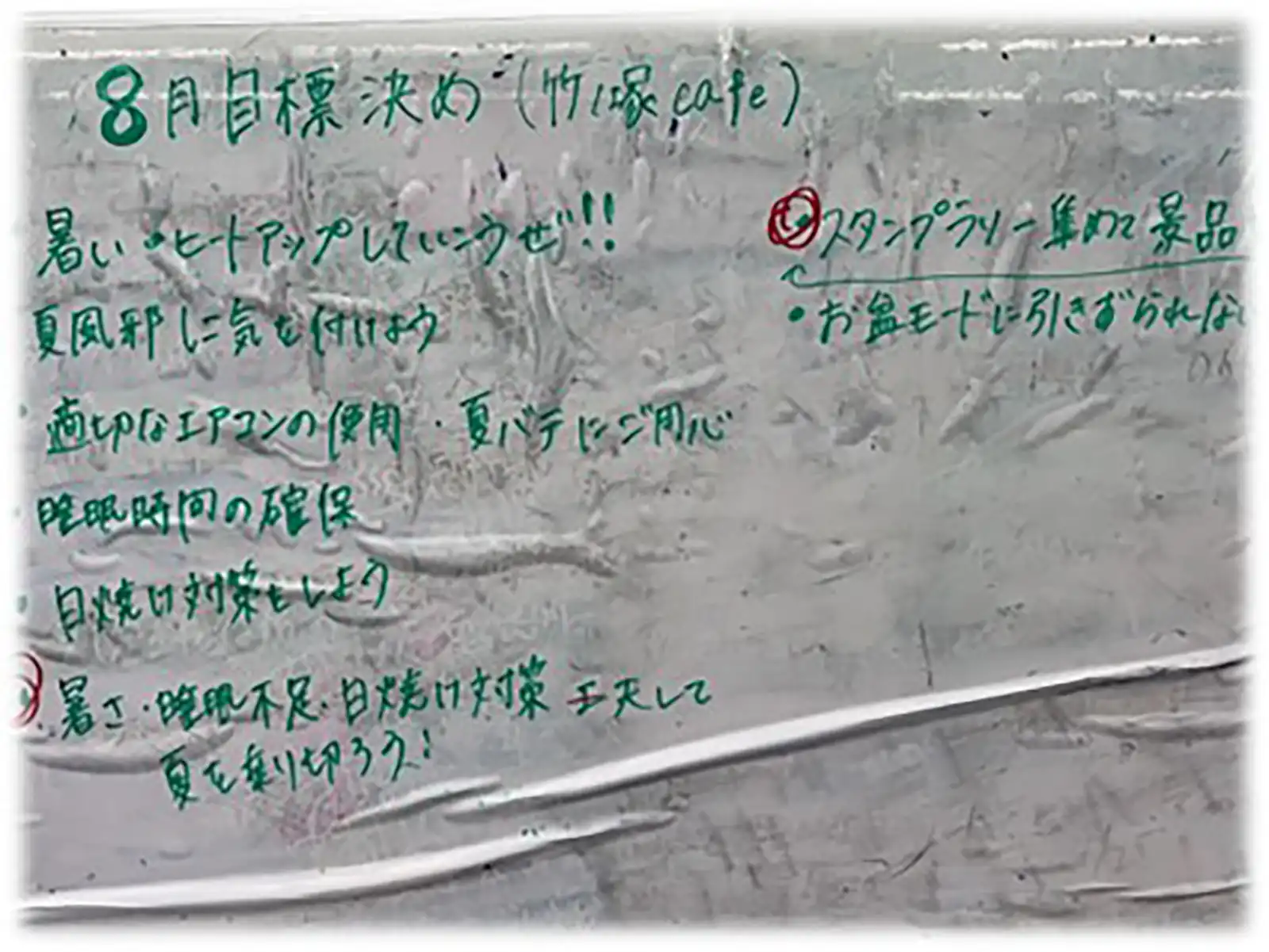 20250714竹ノ塚cafe「８月の所内目標決め」ホワイトボード画像